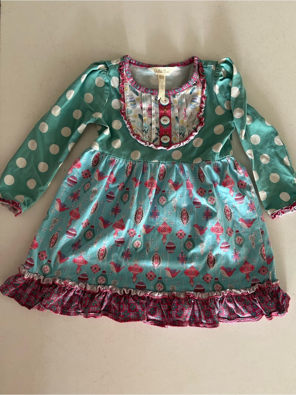 Matilda Jane Blue Polka Dot & Vintage Ornament Print Ruffle Dress | 18-24mo